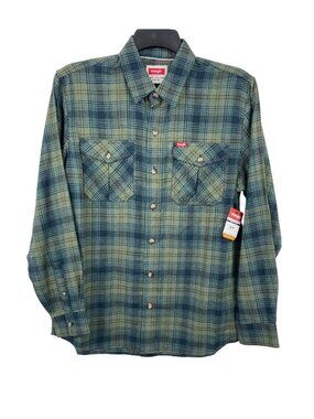 Wrangler Mens Green Plaid Long-Sleeve Button-Up Shirt Chest Pockets Size MED